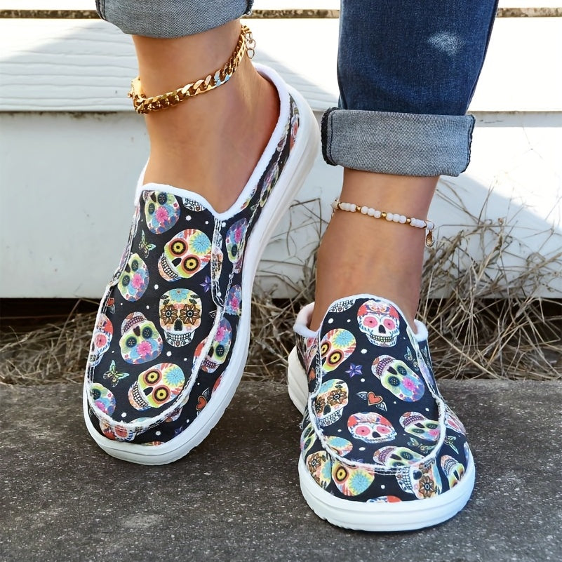 Skull Pattern Canvas Slip-On Shoes for Women Lightweight Halloween Shoes