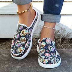 Skull Pattern Canvas Slip-On Shoes for Women Lightweight Halloween Shoes