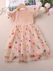 Toddler Girls Mesh Ruffled Sleeves Colorful Flowers Embroidery Splicing Princess