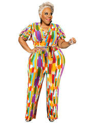 Colorblock Short Sleeve Belted Crop Top & Pants Set Plus Size Women's Outfit