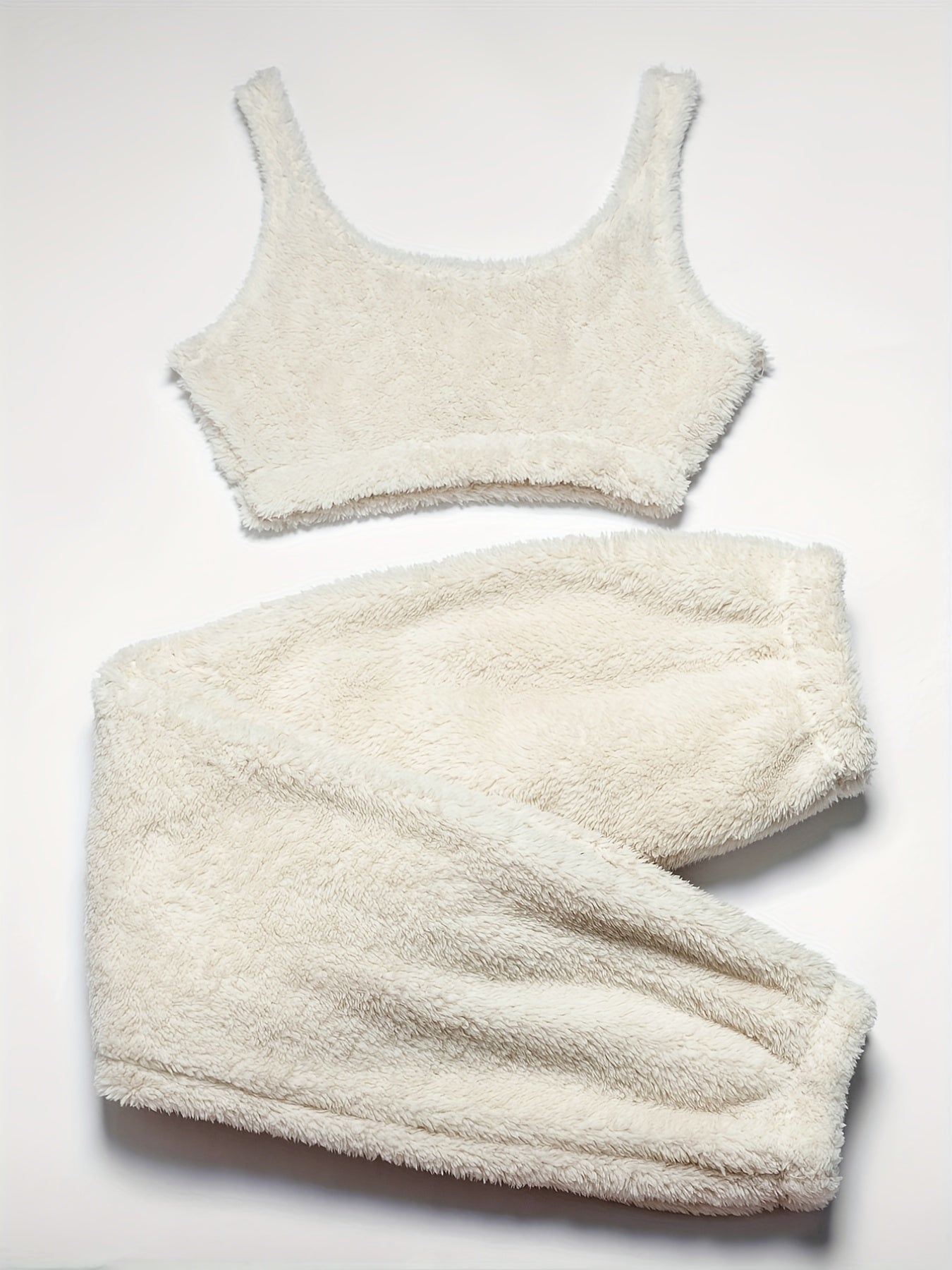 Fuzzy Lounge Set Warm Tank Crop Top & Elastic Waistband Pants