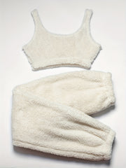 Fuzzy Lounge Set Warm Tank Crop Top & Elastic Waistband Pants