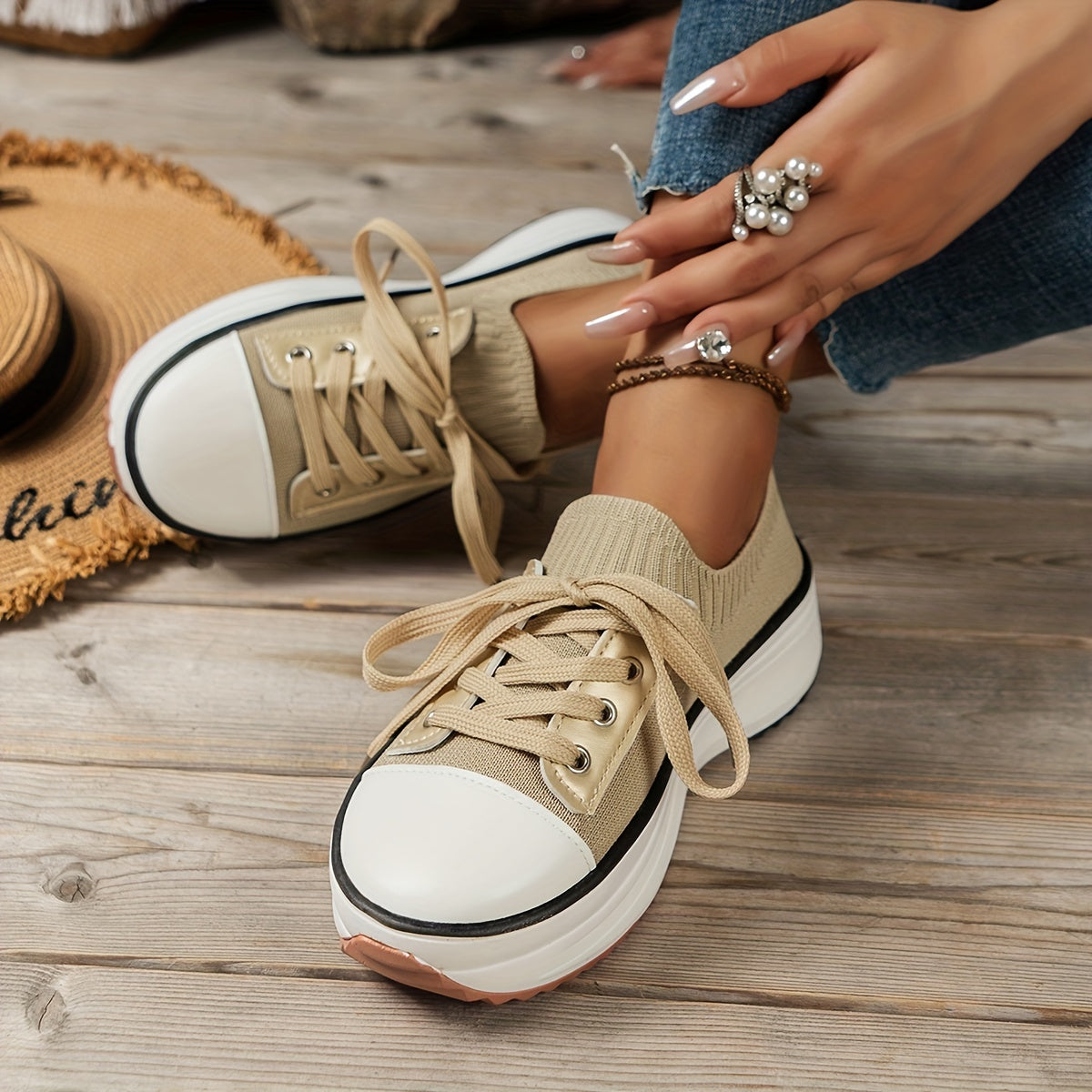 Women's Knit Platform Sneakers Lace Up Outdoor Shoes Lightweight