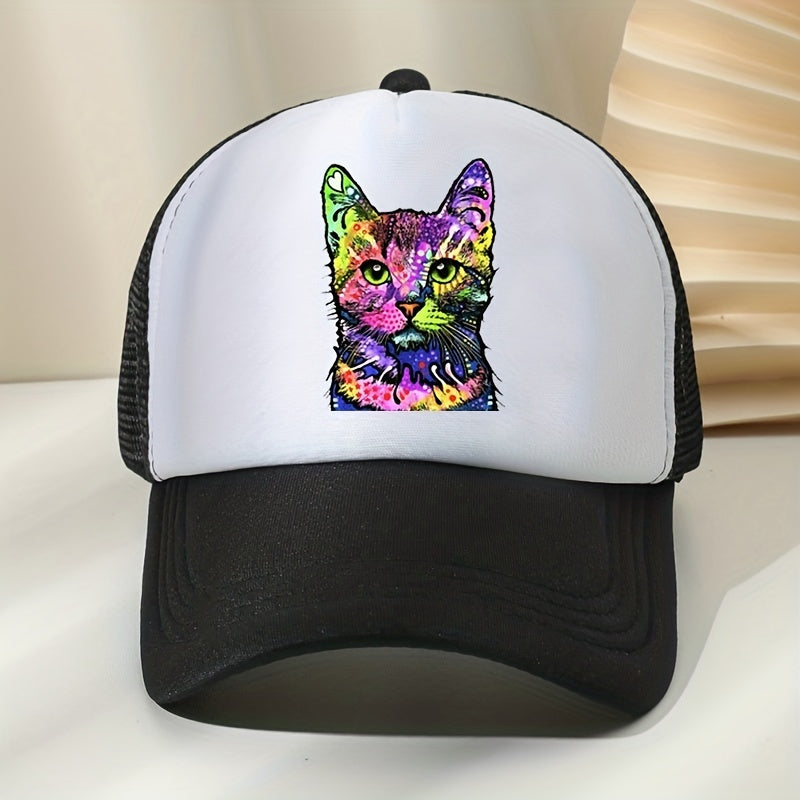 Y2K Rainbow Cat Baseball Cap Mesh Trucker Dad Hat Adjustable Sun Hats