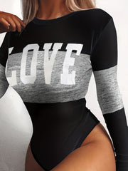 Block Letter Print Bodysuit Long Sleeve Sexy One-Piece