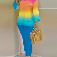 Graphic Print Casual Two Piece Set V Neck Flared Sleeve Tops & Pants