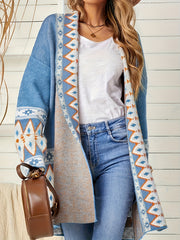 Geometric Print Open Front Cardigan with Pockets