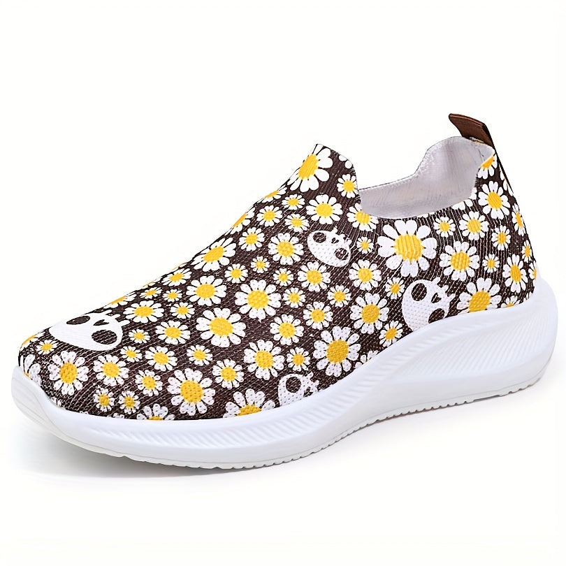 Daisy Print Non Slip Comfortable Running Shoes Elastic Slip On Sneakers
