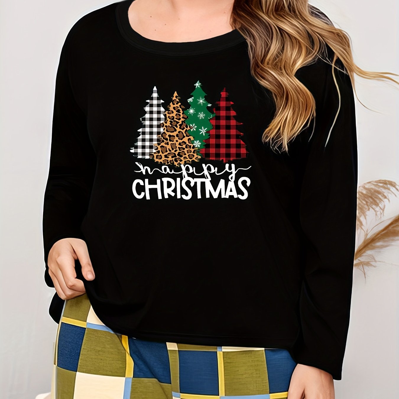 Xmas Tree & Letter Top Plus Size Casual Loungewear