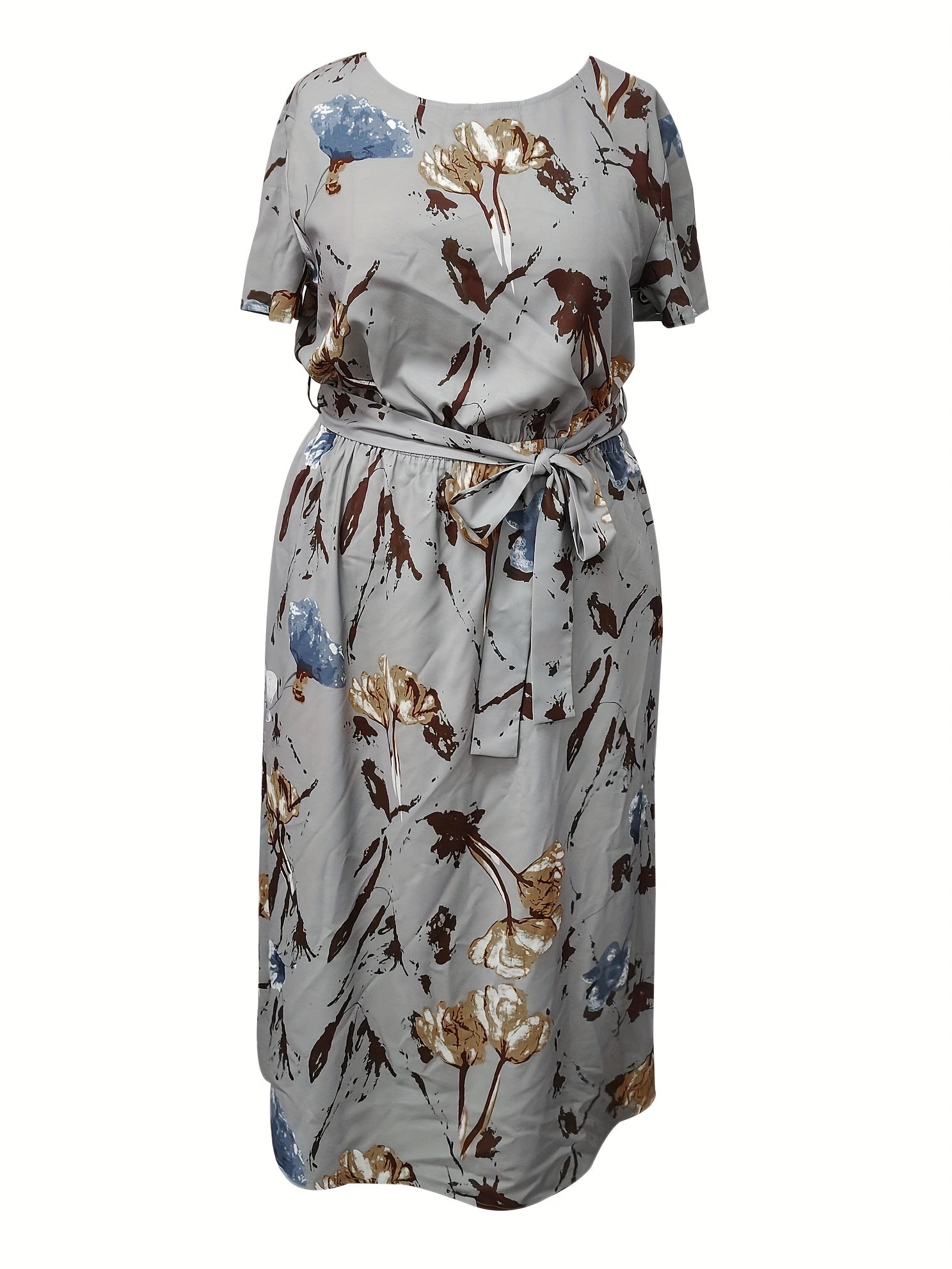 Floral Print Short Sleeve Maxi Dress With Belt & Pockets