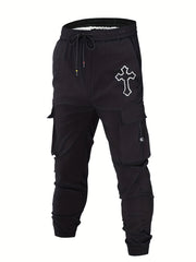 Christian Cross Print Cargo Pants Men's Flap Pocket Trousers