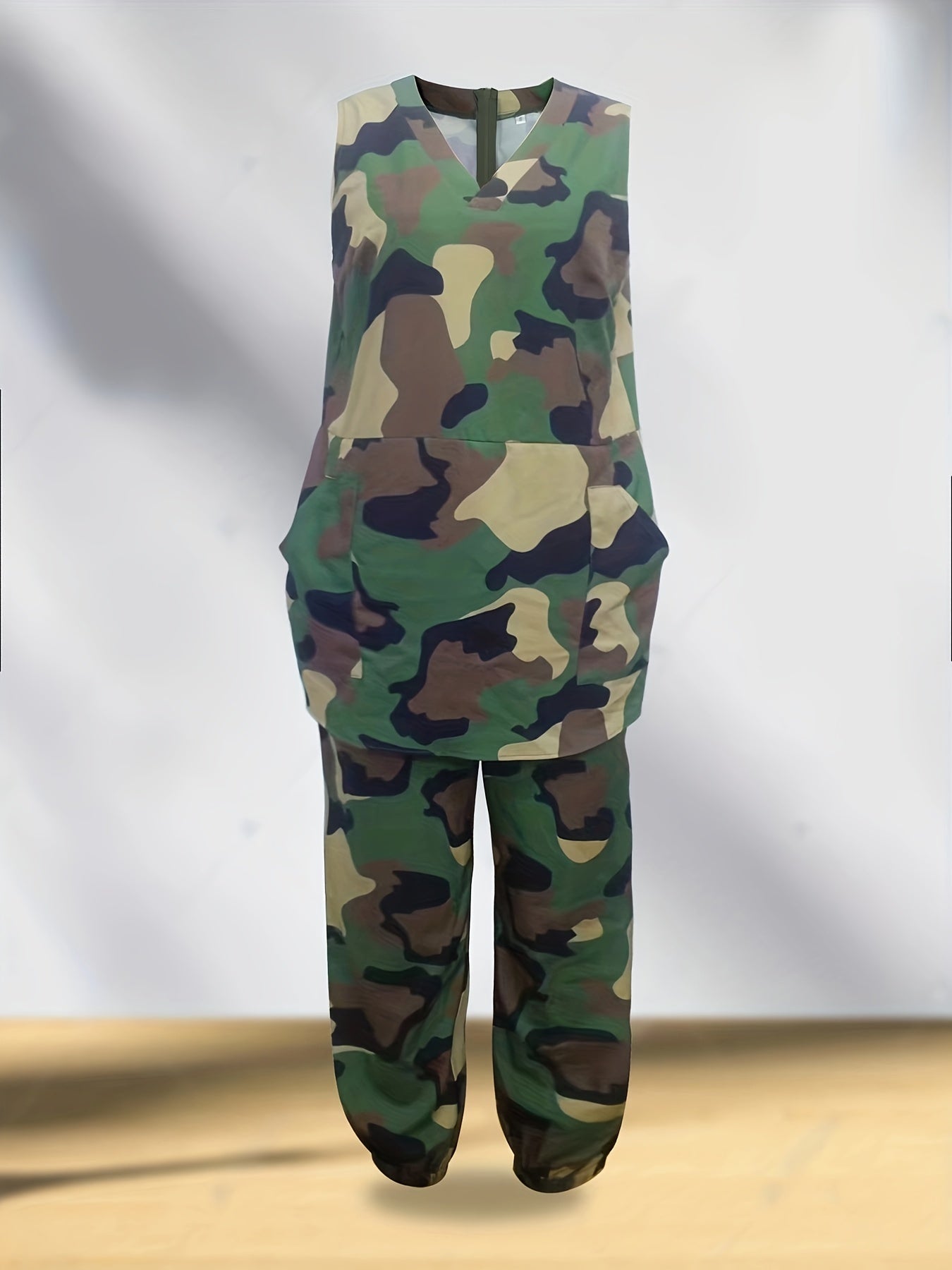 Camo Print V Neck Jumpsuit Sleeveless Wide Leg Jumpsuit
