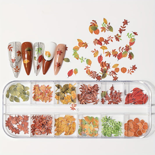 12-Color Maple Leaf Nail Art Sequins 3D Stickers for Fall Nail Decorations