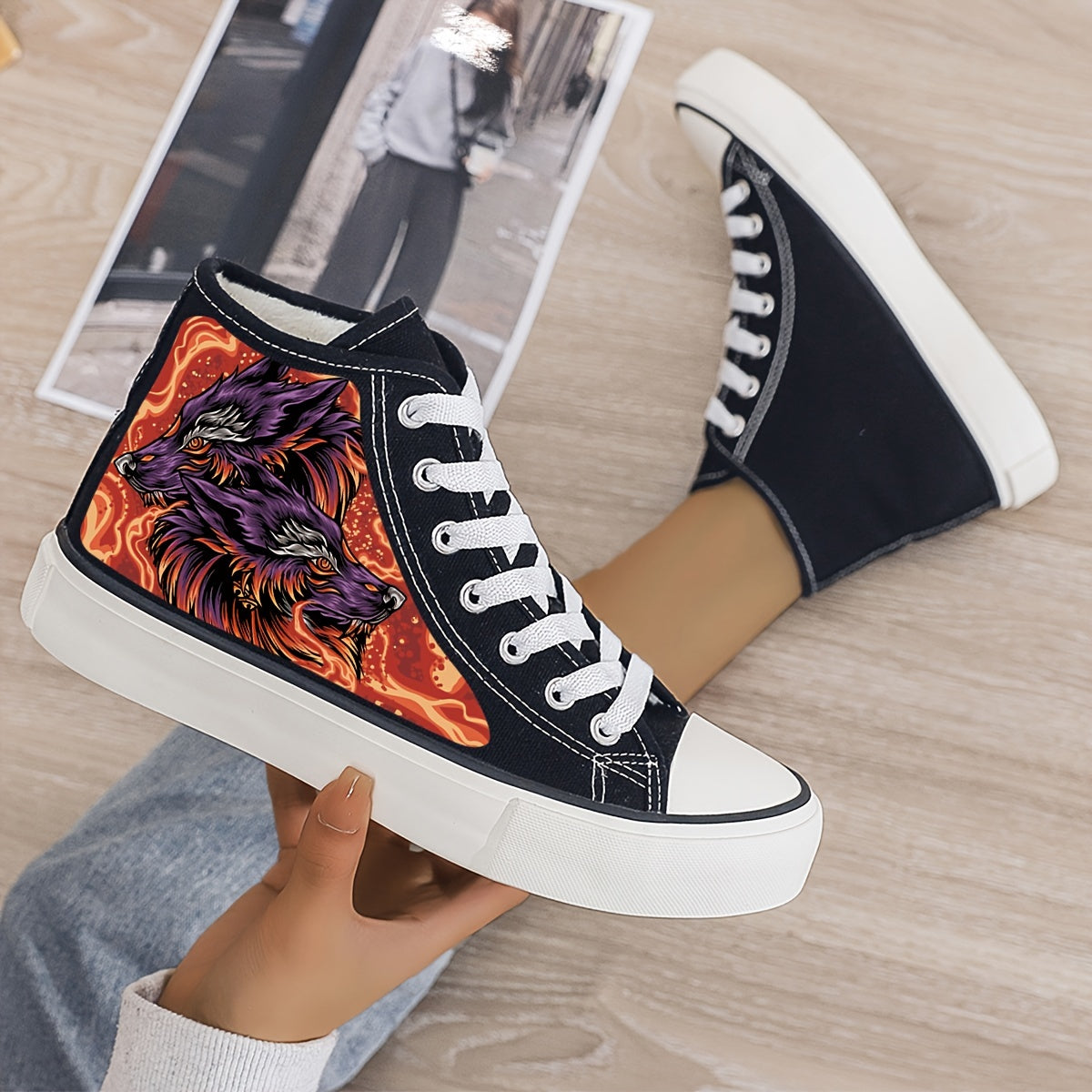 Wolf Print Plush Lined Thermal Chunky Canvas Sneakers