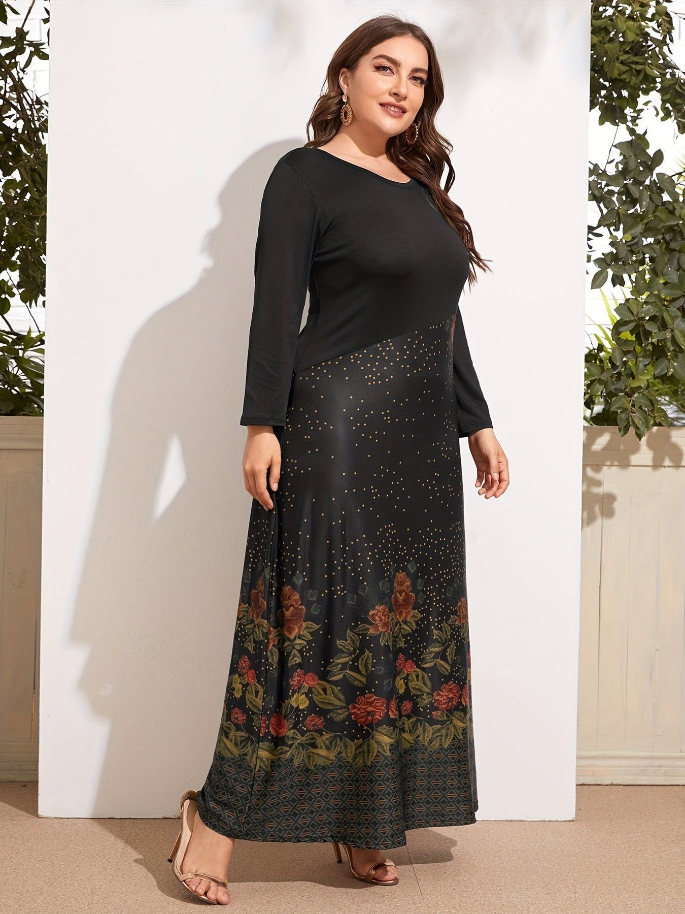 Women's Plus Floral Print Long Sleeve Maxi Dress