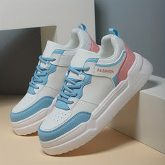 Women's Block Faux Leather Chunky Sneakers Casual Versatile Heighten Flat Shoes