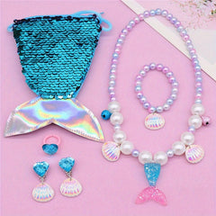 Girls Mermaid Tail Bag & Shell Pendant Bracelet Set