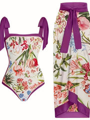 Floral Print Tankini Set with Skirt