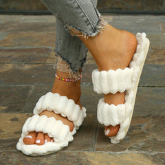 Women's Plush Double Straps Slippers Soft Open Toe Home Shoes