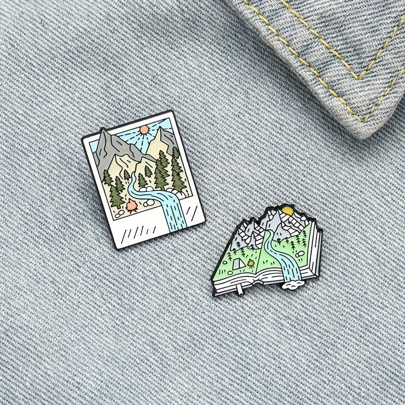 Cartoon Hiking Scenery Brooch Mountain River Book Style Pin