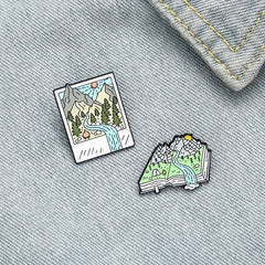 Cartoon Hiking Scenery Brooch Mountain River Book Style Pin