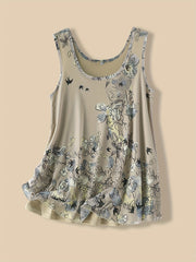 Vintage Floral Print Tank Top Crew Neck Sleeveless Summer Top