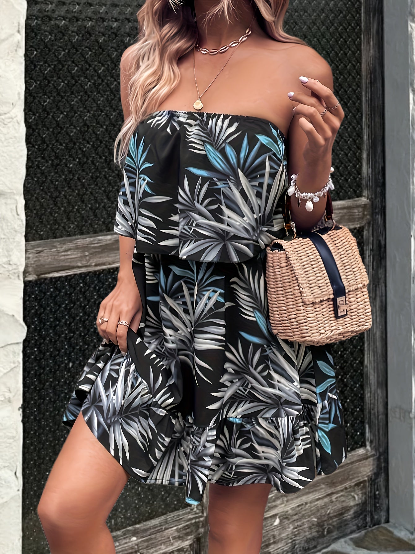 Plant Print Foldover Tube Dress Off Shoulder Summer Dress