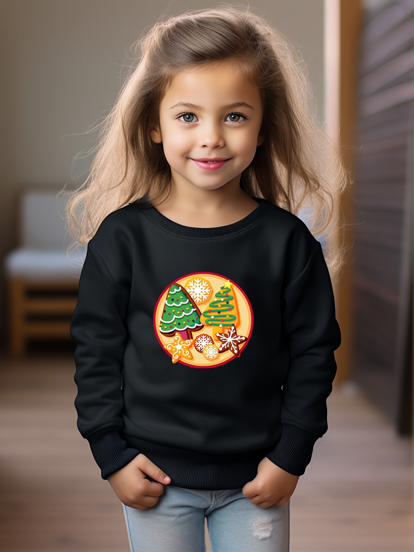 Christmas Cartoon Trees Print Girls Casual Creative Pullover Sweatshirt