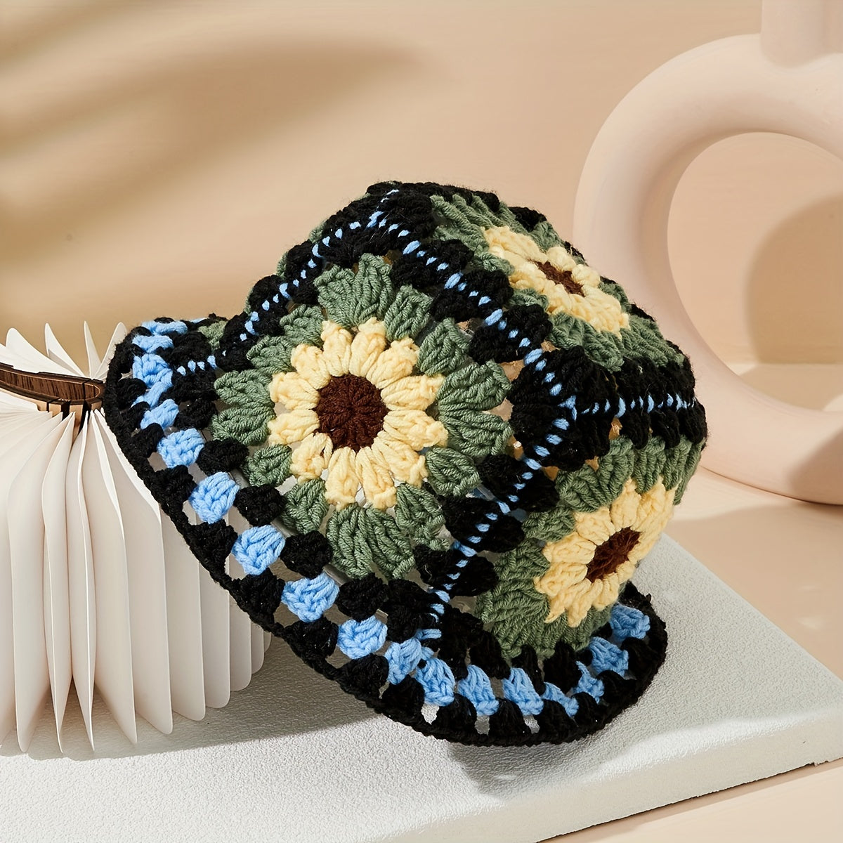 Y2K Flower Crochet Bucket Hat Knitted Cloche Breathable Basin Hat
