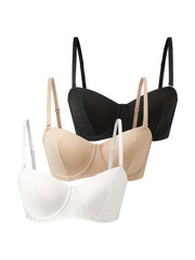 3pcs Solid Push Up Bras Comfy & Breathable Women's Lingerie