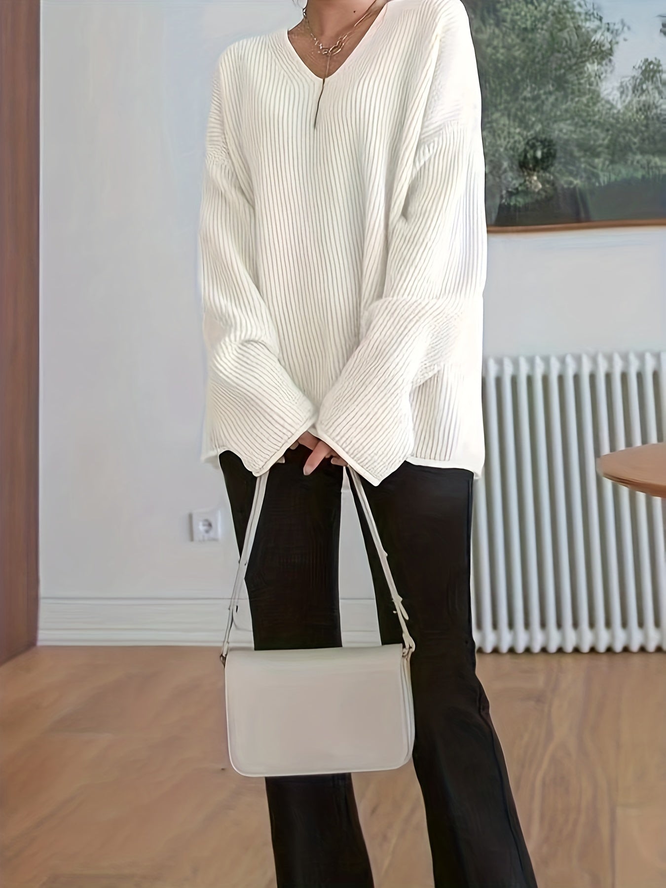 Casual Sweater Women's Plus Solid Ribbed V Neck Pullover