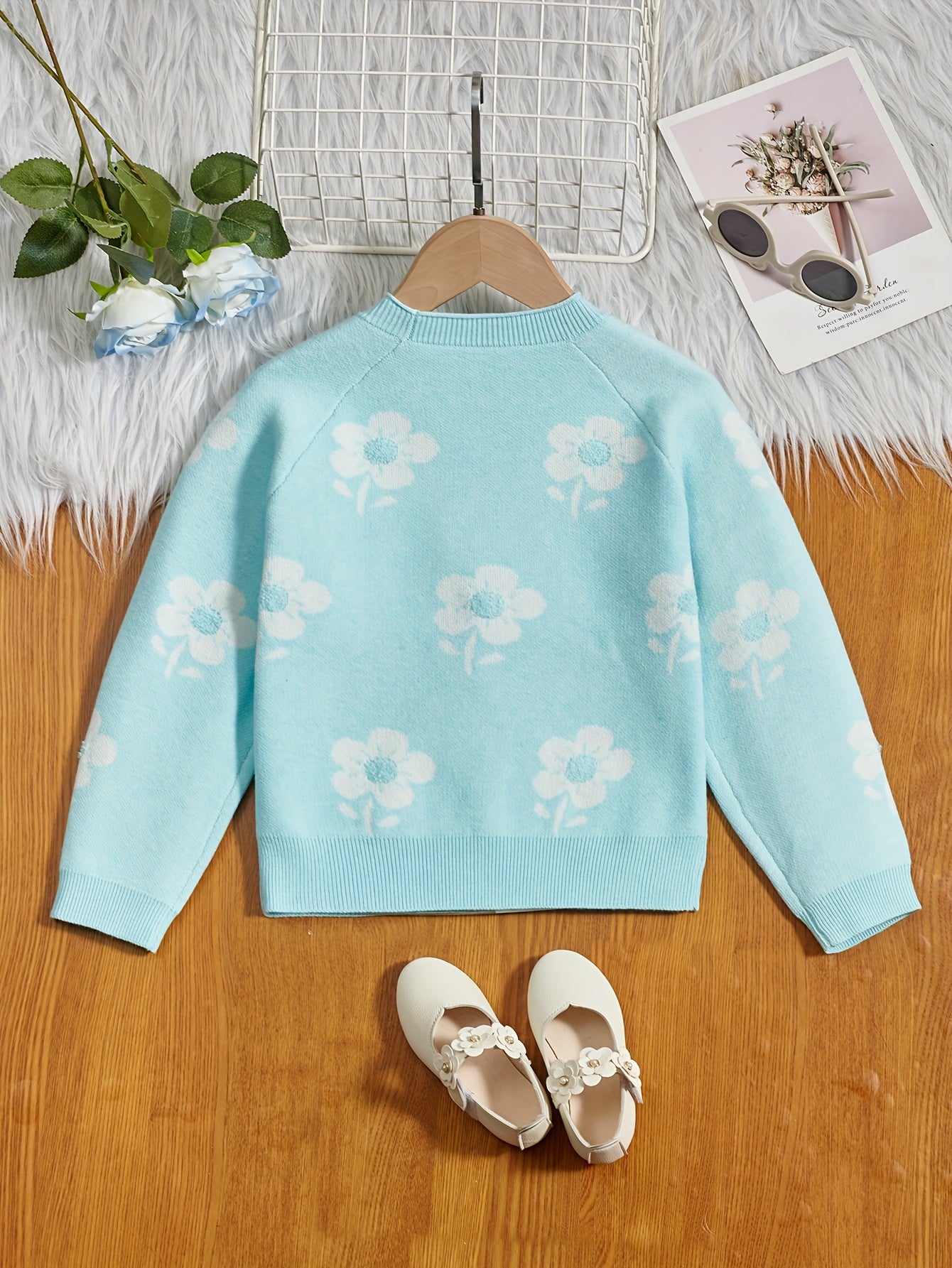 Girls' Flower Jacquard Knitted Crewneck Long Sleeve Sweater