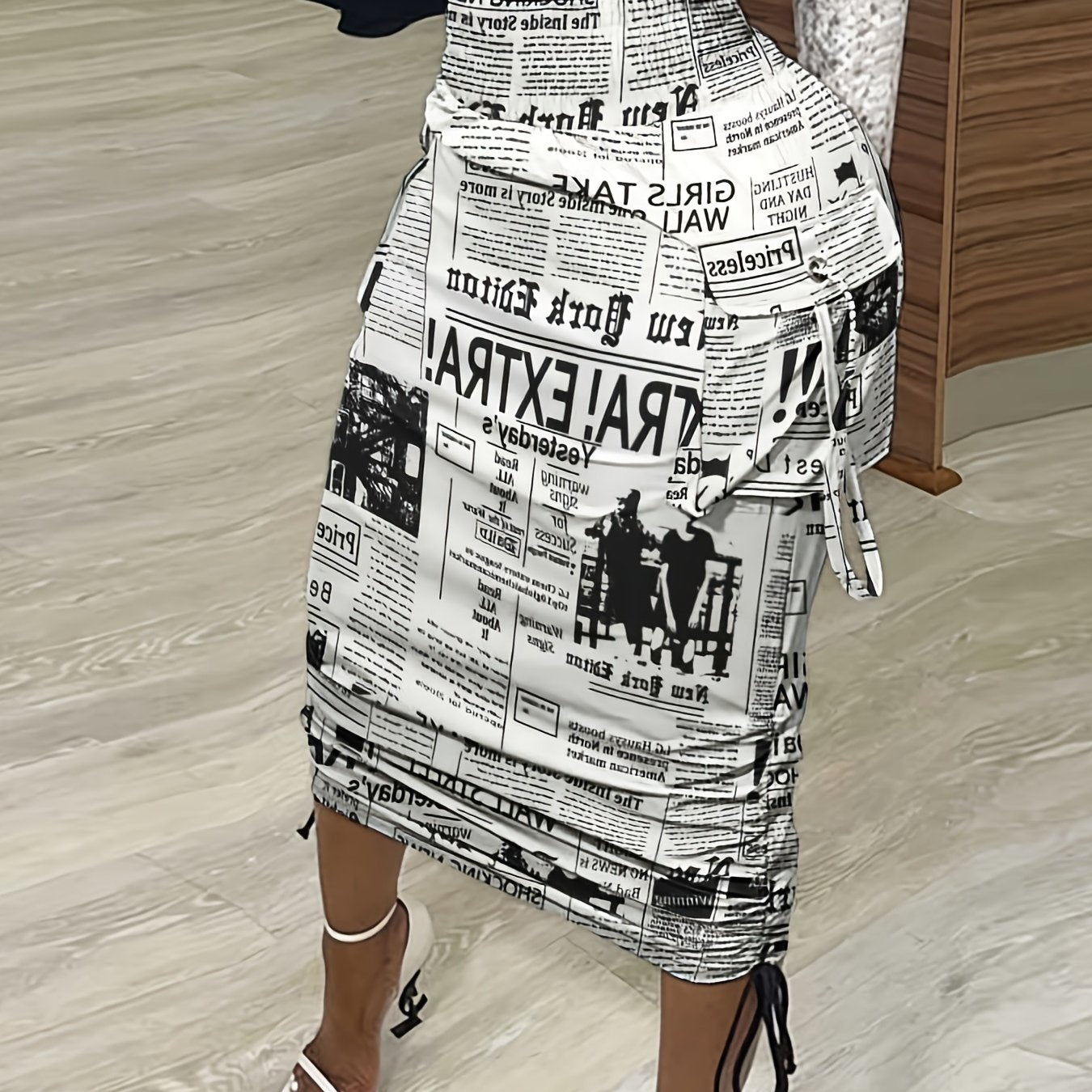 Newspaper Print Drawstring Skirt Bodycon Sexy Pocket High Waist Bottom