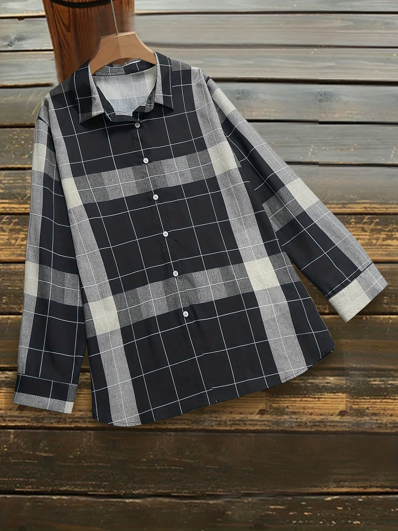 Grid Print Button Up Long Sleeve Blouse