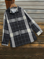 Grid Print Button Up Long Sleeve Blouse