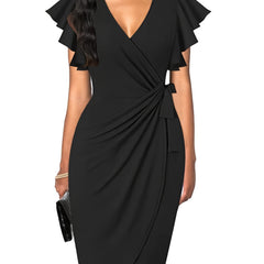 Deep V Neck Ruffle Sleeve Cocktail Dress