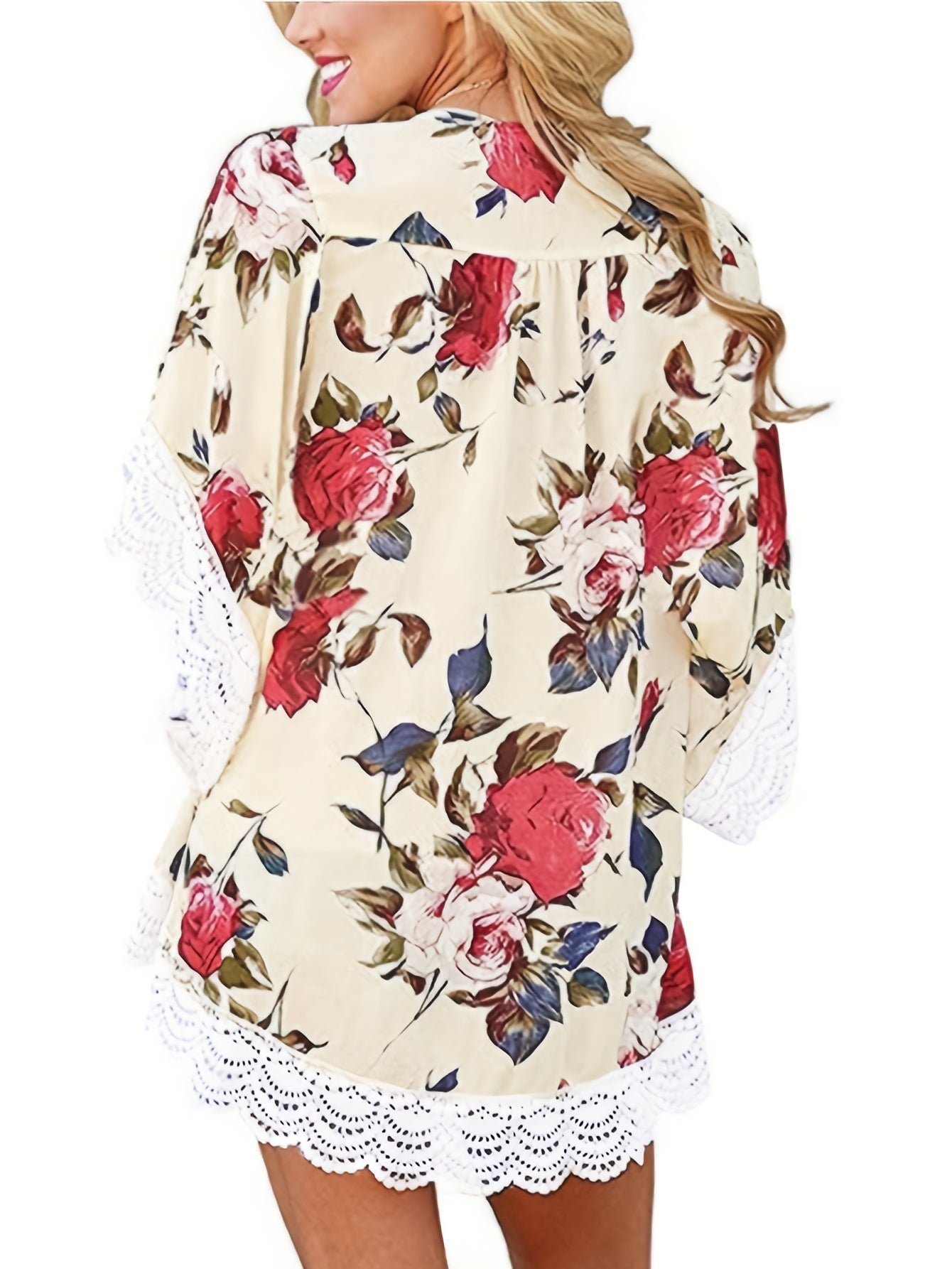 Floral Print Lace Trim Open Front Beach Cover Up Chiffon Sun Protection Kimono