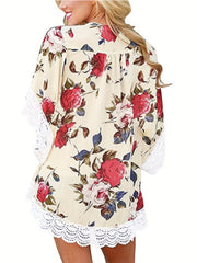 Floral Print Lace Trim Open Front Beach Cover Up Chiffon Sun Protection Kimono