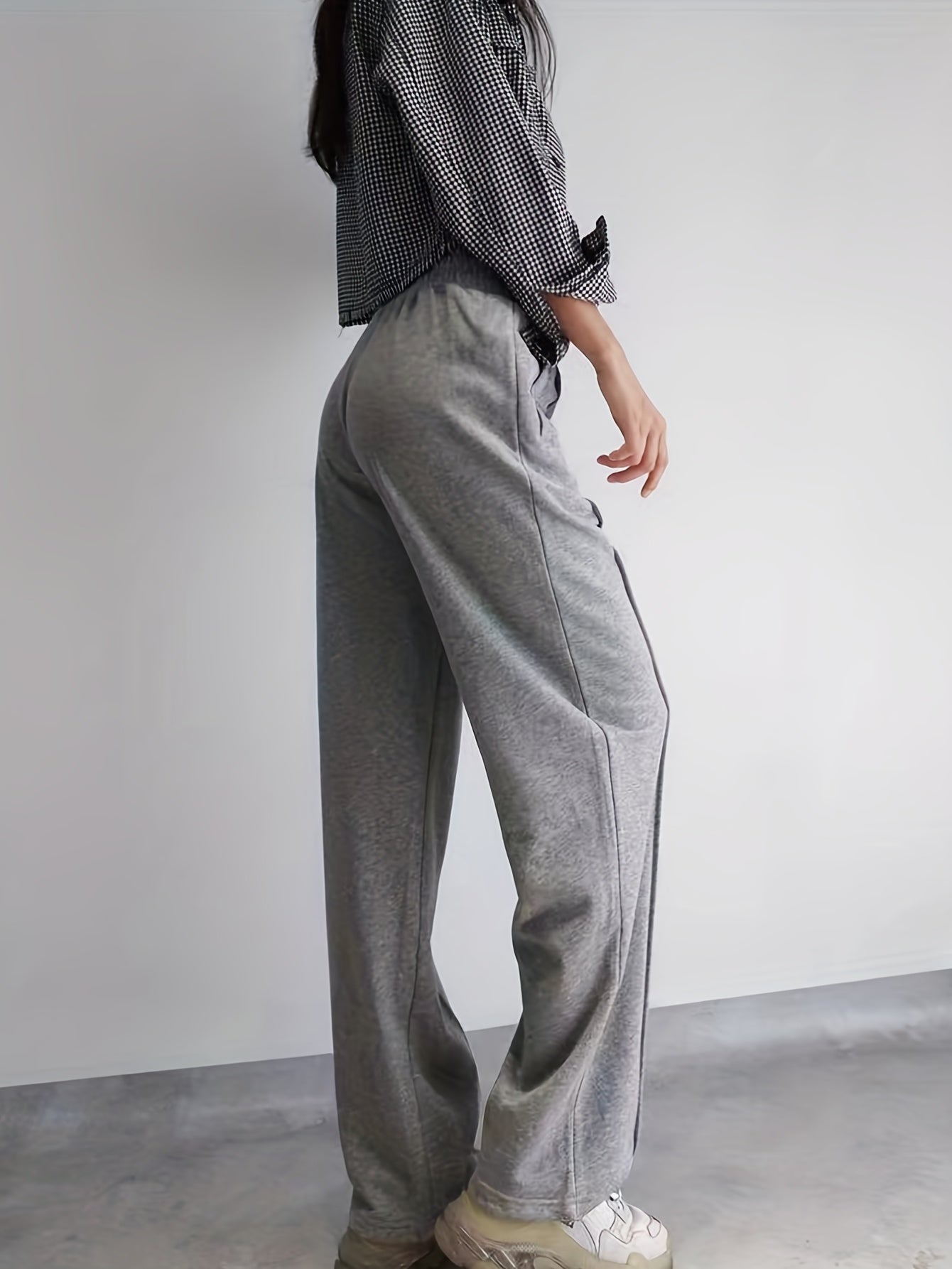 Solid Drawstring Wide Leg Pants Casual Elastic Waist Long Length