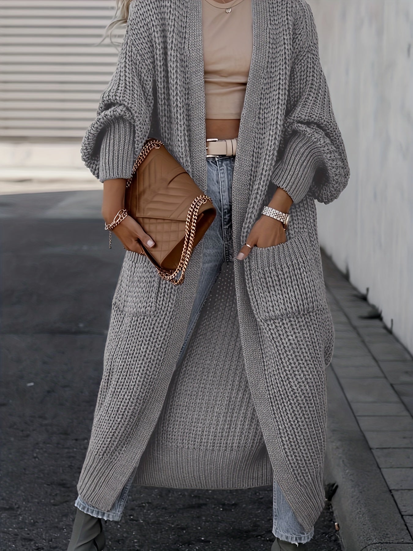 Solid Chunky Long Sleeve Cardigan with Pockets