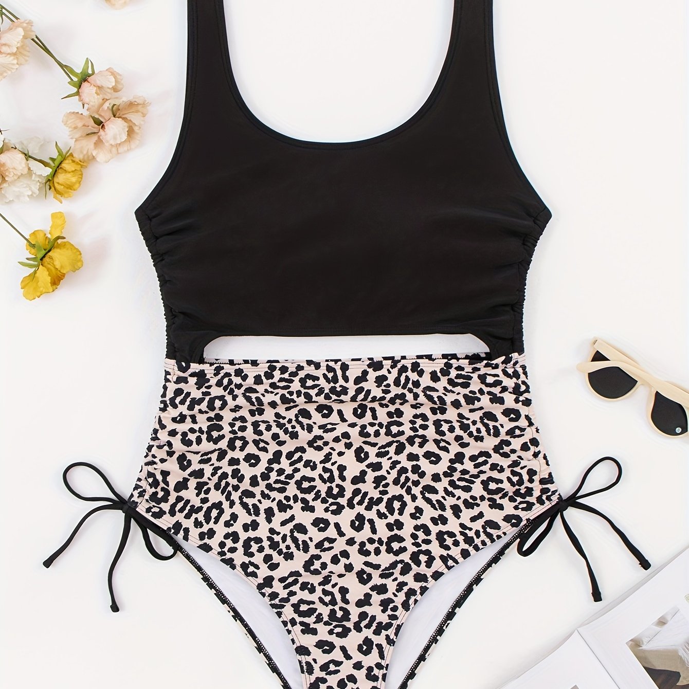 Retro Swimsuit Leopard Print Lace Up One Piece Bathing Suit