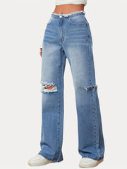 Raw Trim Distressed Denim Straight Leg Pants Women's Jeans