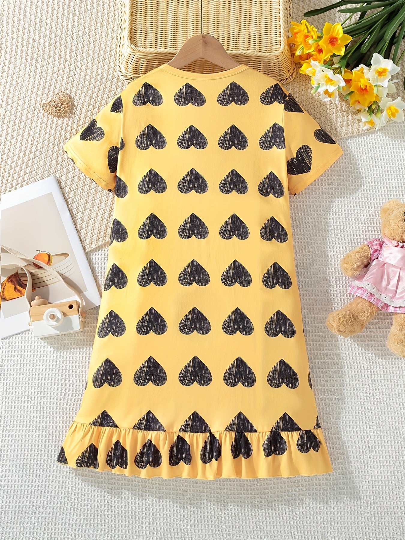 Girls Heart Print PJ Nightdress Short Sleeve Yellow Dress