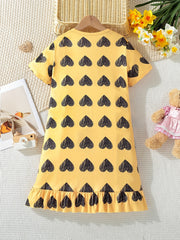 Girls Heart Print PJ Nightdress Short Sleeve Yellow Dress