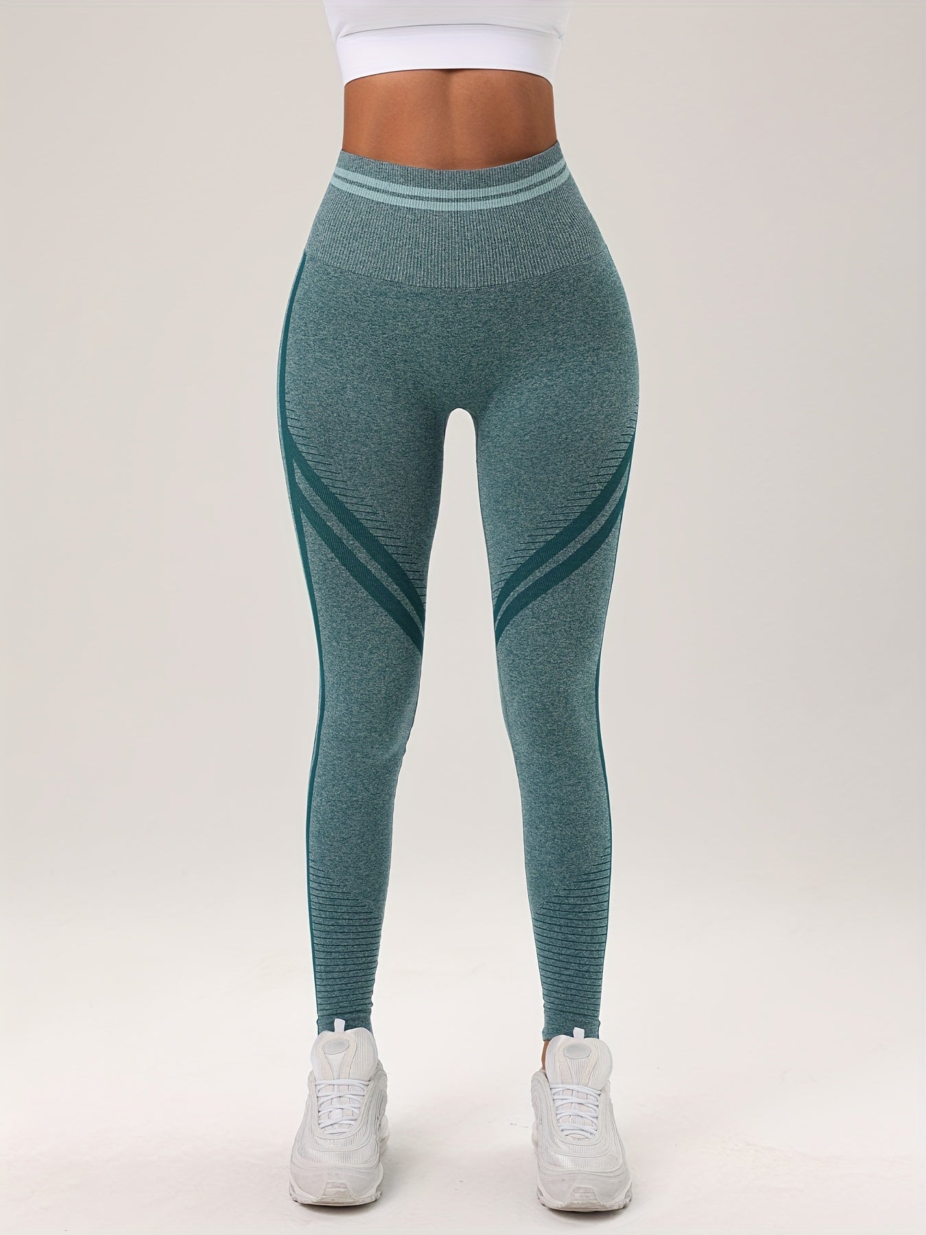Solid Striped Waist Yoga Sports Leggings Butt Lifting Workout Pants