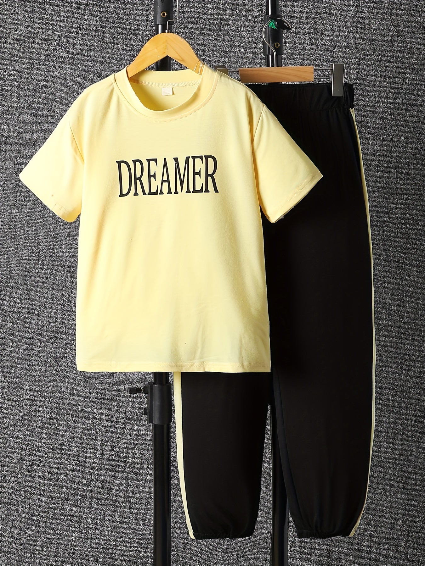 Cartoon Crown KING Print Boy's 2pcs T shirt & Drawstring Sweatpants Set