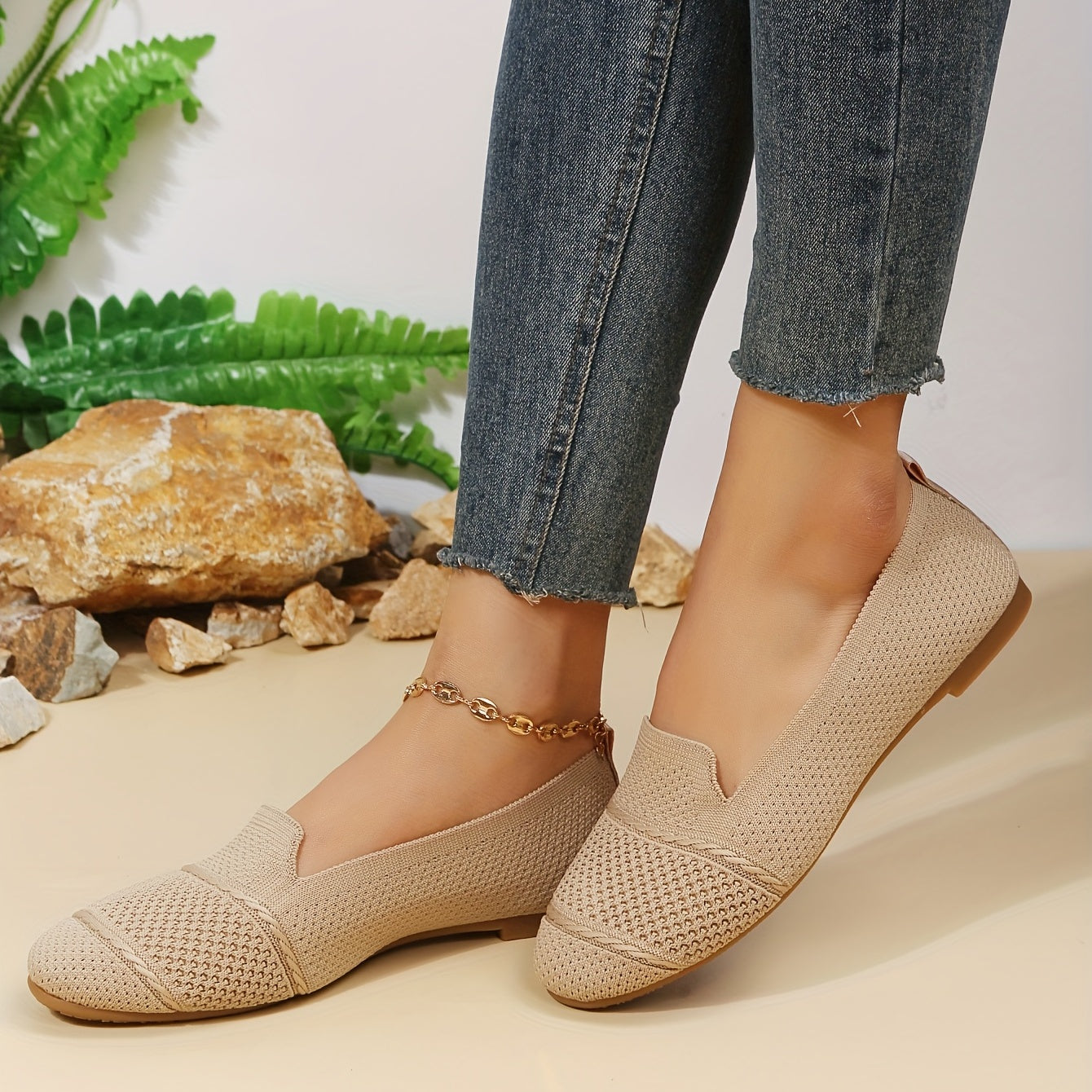 Women's Knitted Ballet Flats Soft Sole Slip On Shoes Almond Toe