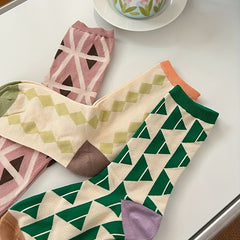 3 Pairs Geometric Print Socks Mid Tube Stockings Breathable Women's Hosiery