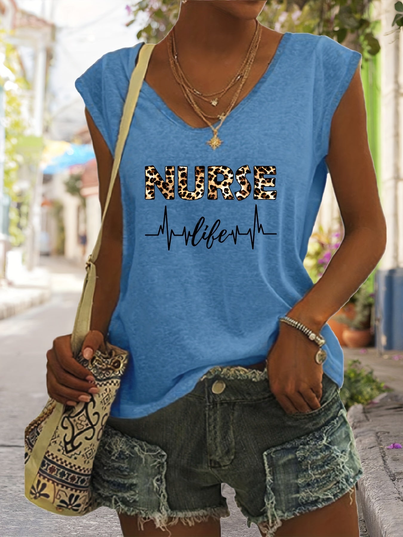 Nurse Life Print Tank Top V Neck Casual Top