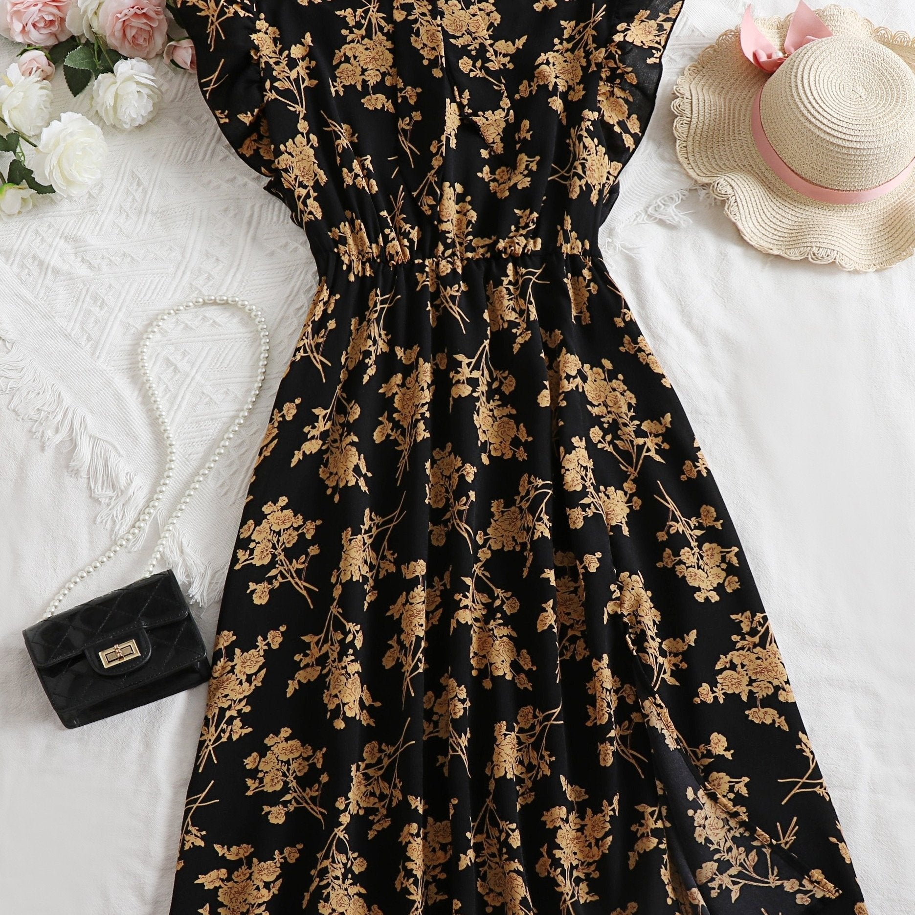 Floral Print Ruffle Sleeve Bow Knot Dress